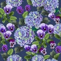 Seamless pattern with blue hydrangeas and colorful pansy flowers. Vector illustration. Royalty Free Stock Photo